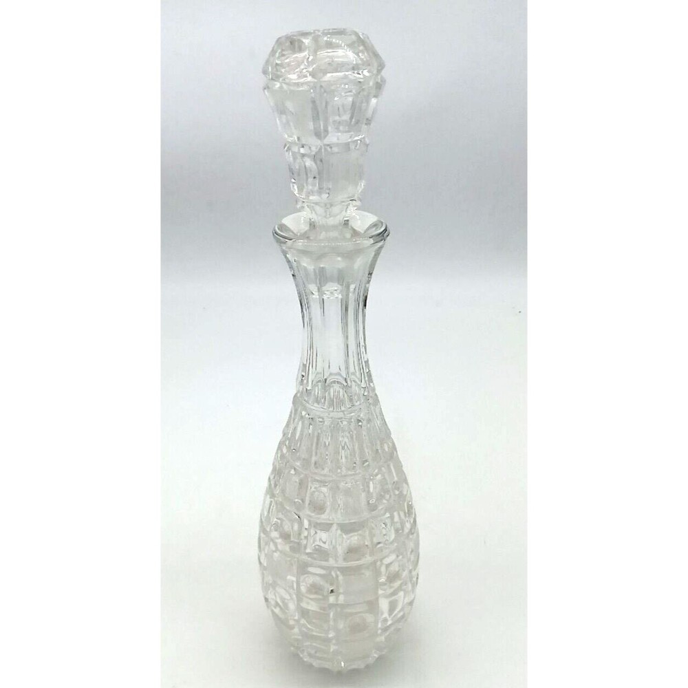 Vtg West German Lead Crystal Clear Hand Cut 15" Liquor Decanter Block Thumbprint